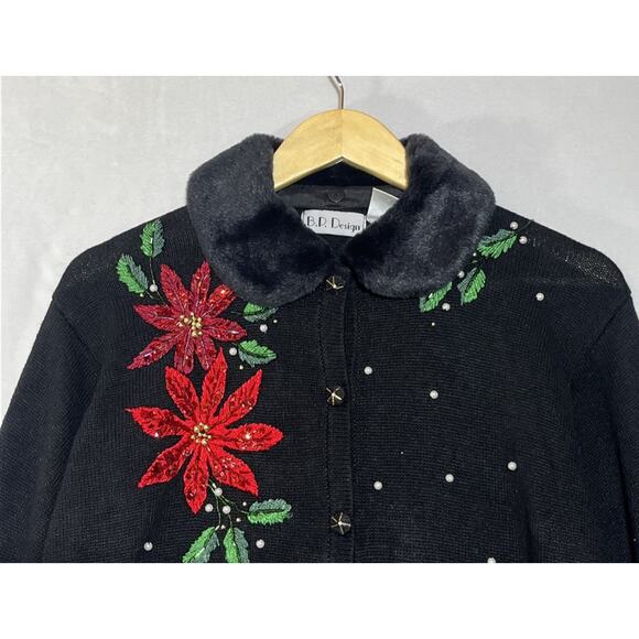 BP Design Knit Holiday Sweater Womens XL Cardigan Poinsettia Embroidered Beaded - Picture 5 of 12